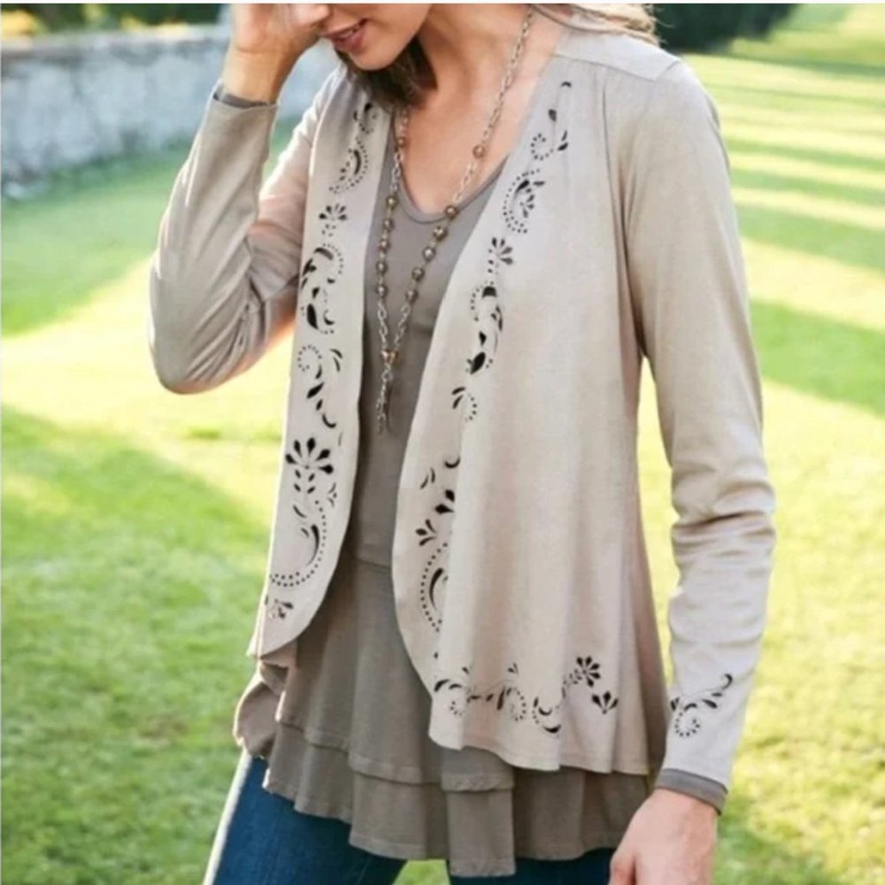 Soft Surroundings Florentine Soft Faux Suede Laser Cut Ofen Front Cardigan Tan